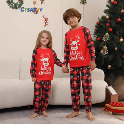 Christmas Deer Snowflake Letter Plaid Printed Pajamas Set for Family, Festive Holiday Home Wear