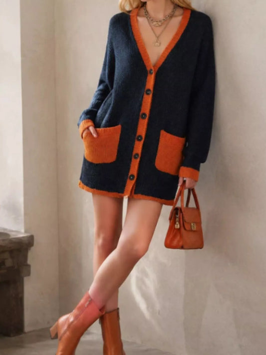 Color-Block V-Neck Button-Down Knit Cardigan - All Colors - View 2