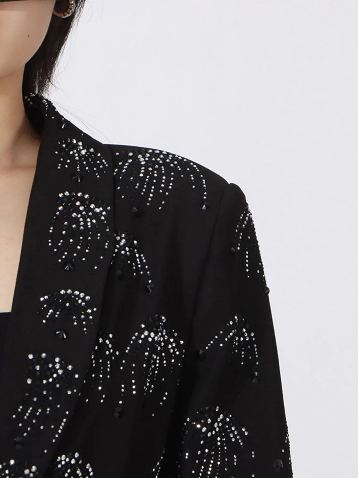 Rhinestone Button Down Long Sleeve Blazer - Black - View 2