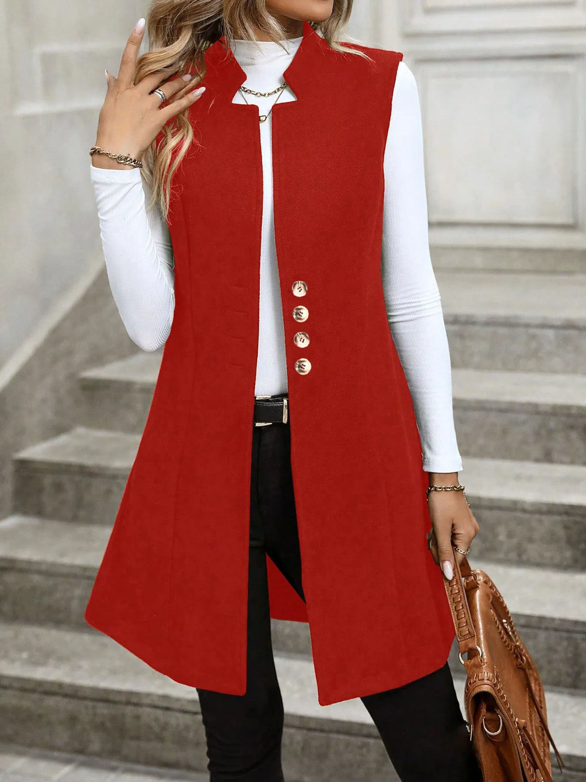 Button Up Longline Vest Coat - Red - View 10