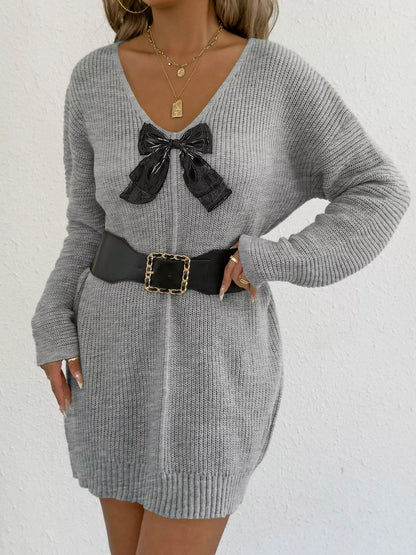 Bow Ribbed Knit Sweater Dress - Gray - View 4