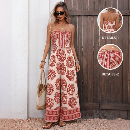 Printed strapless wide leg jumpsuit pants