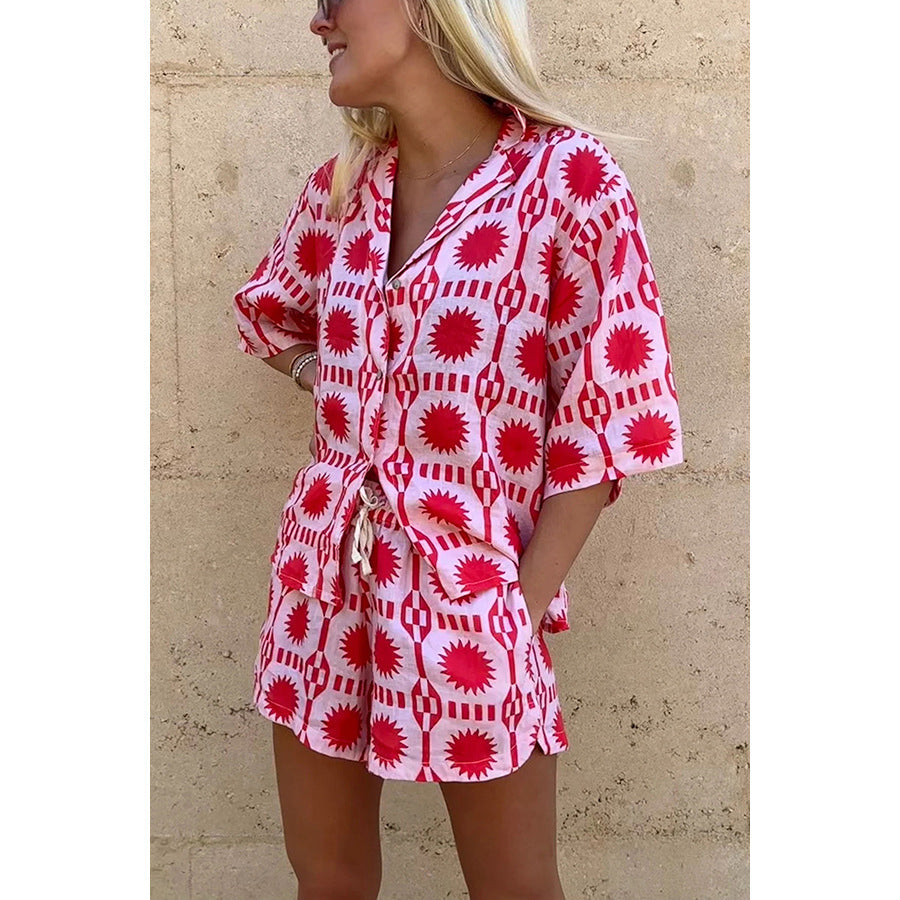 Summer New Collar Short Sleeve Pocket Set INS Casual Loose Vacation Two-Piece Women