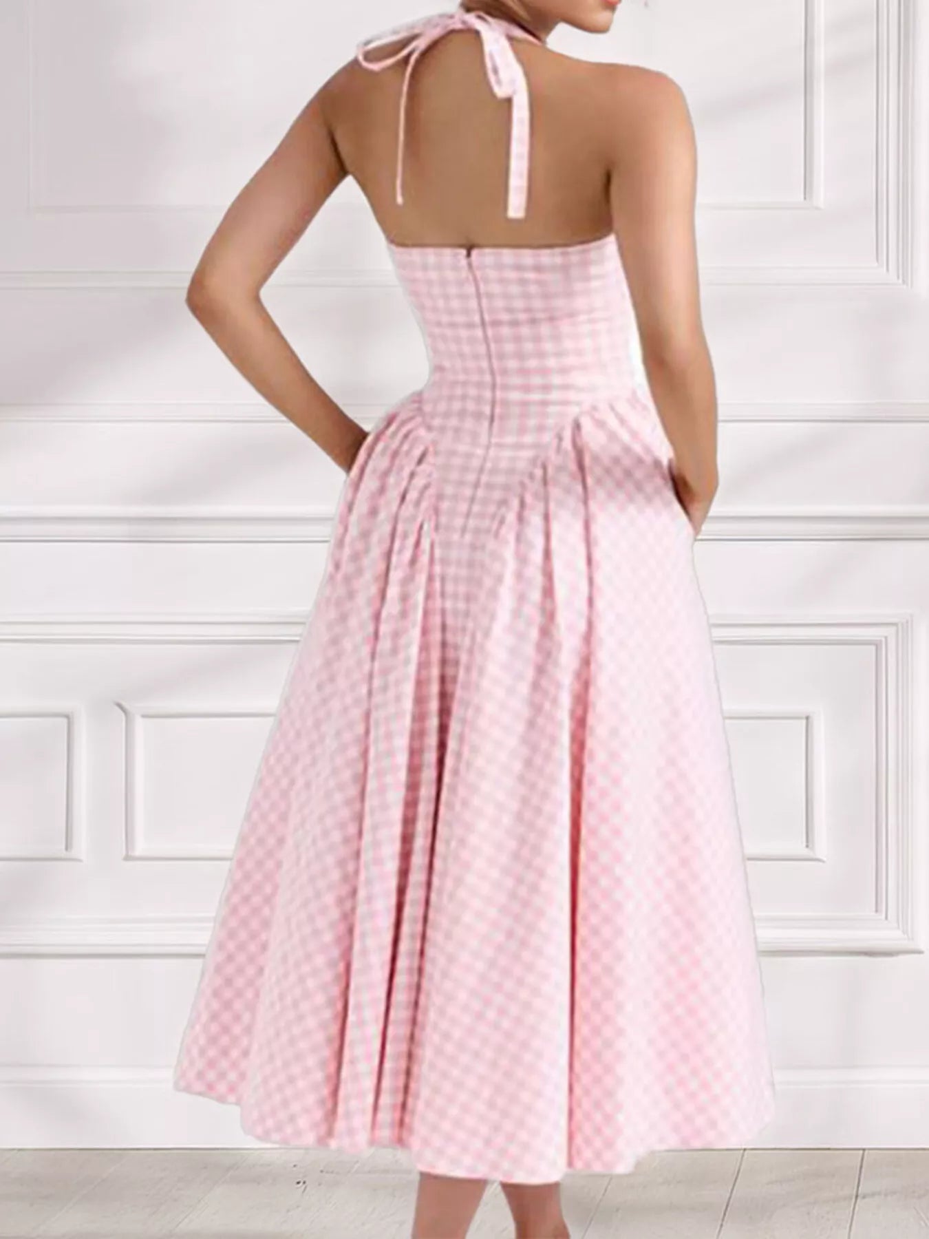 Full Size Gingham Halter Neck Maxi Dress Plus Size - Blush Pink - Rear View