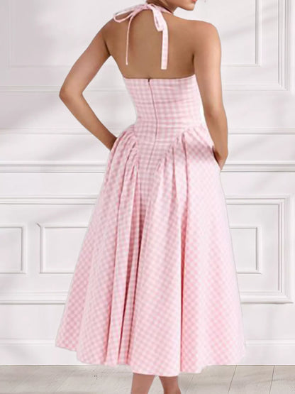 Full Size Gingham Halter Neck Maxi Dress Plus Size - Blush Pink - Rear View