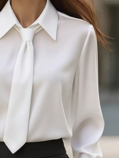 Collared Neck Long Sleeve Blouse - White - View 3