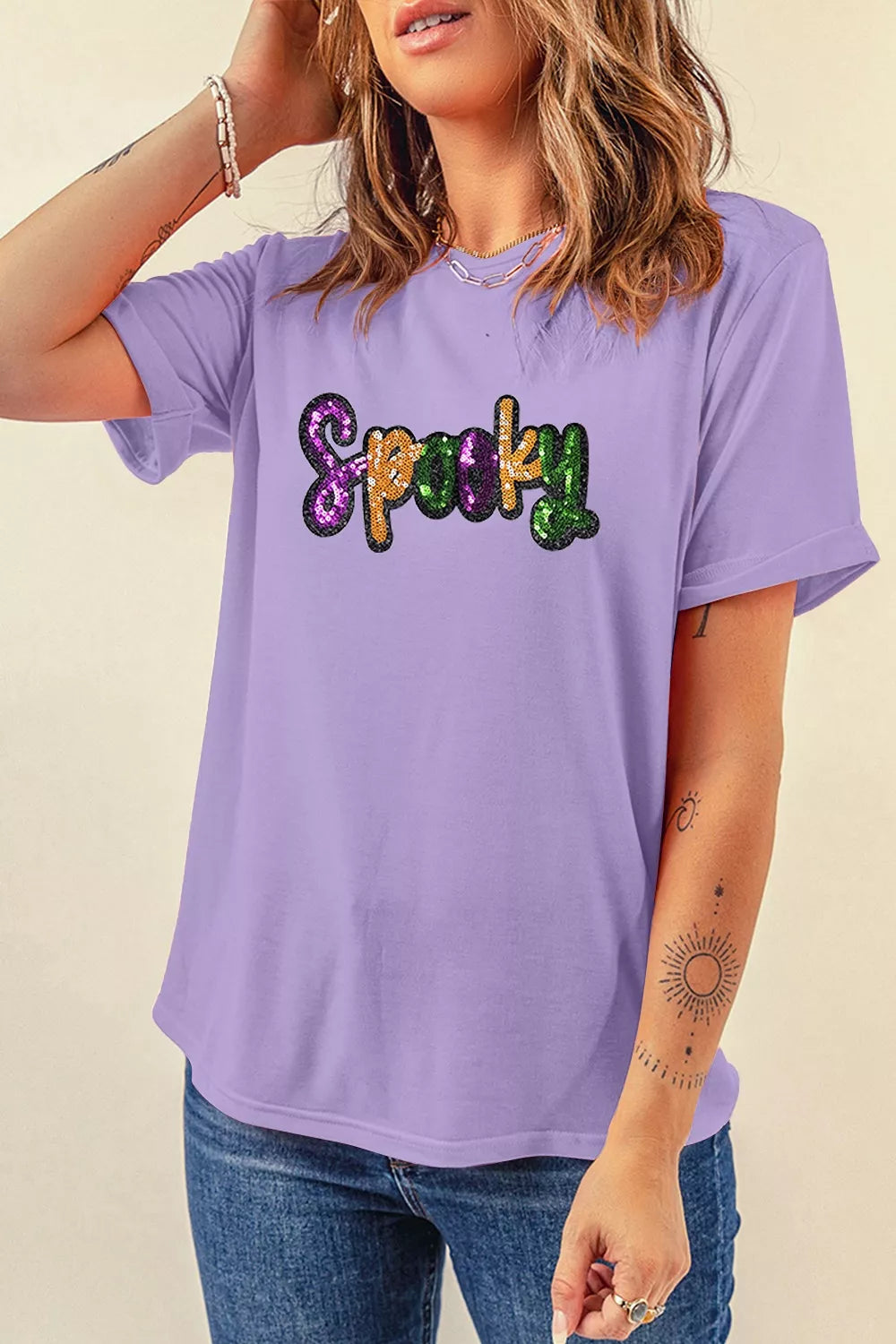Full Size Spooky Sequin Letter Patched Cotton Blend T Shirt Plus Size - Lavender - View 4