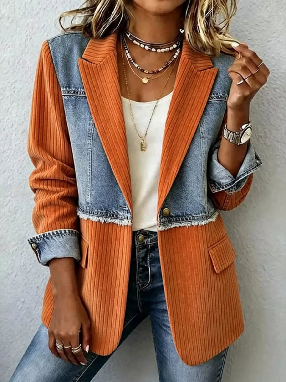 Full Size Patchwork Denim Ribbed Blazer Plus Size - Orange - View 1