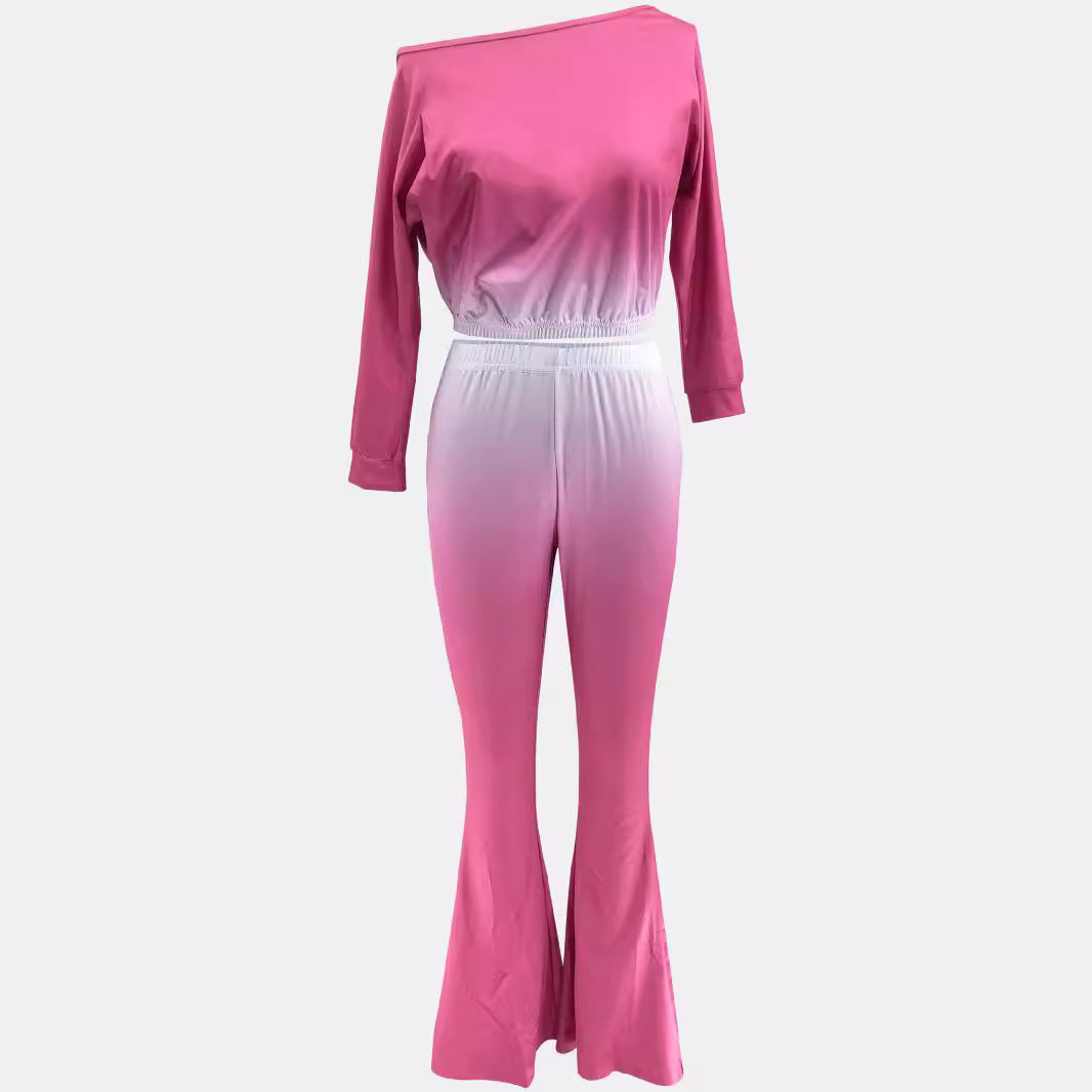 Off-Shoulder Asymmetrical Gradient Solid Color Flared Pants Two-Piece Set