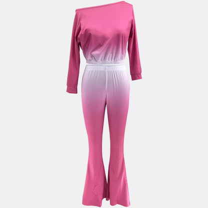 Off-Shoulder Asymmetrical Gradient Solid Color Flared Pants Two-Piece Set