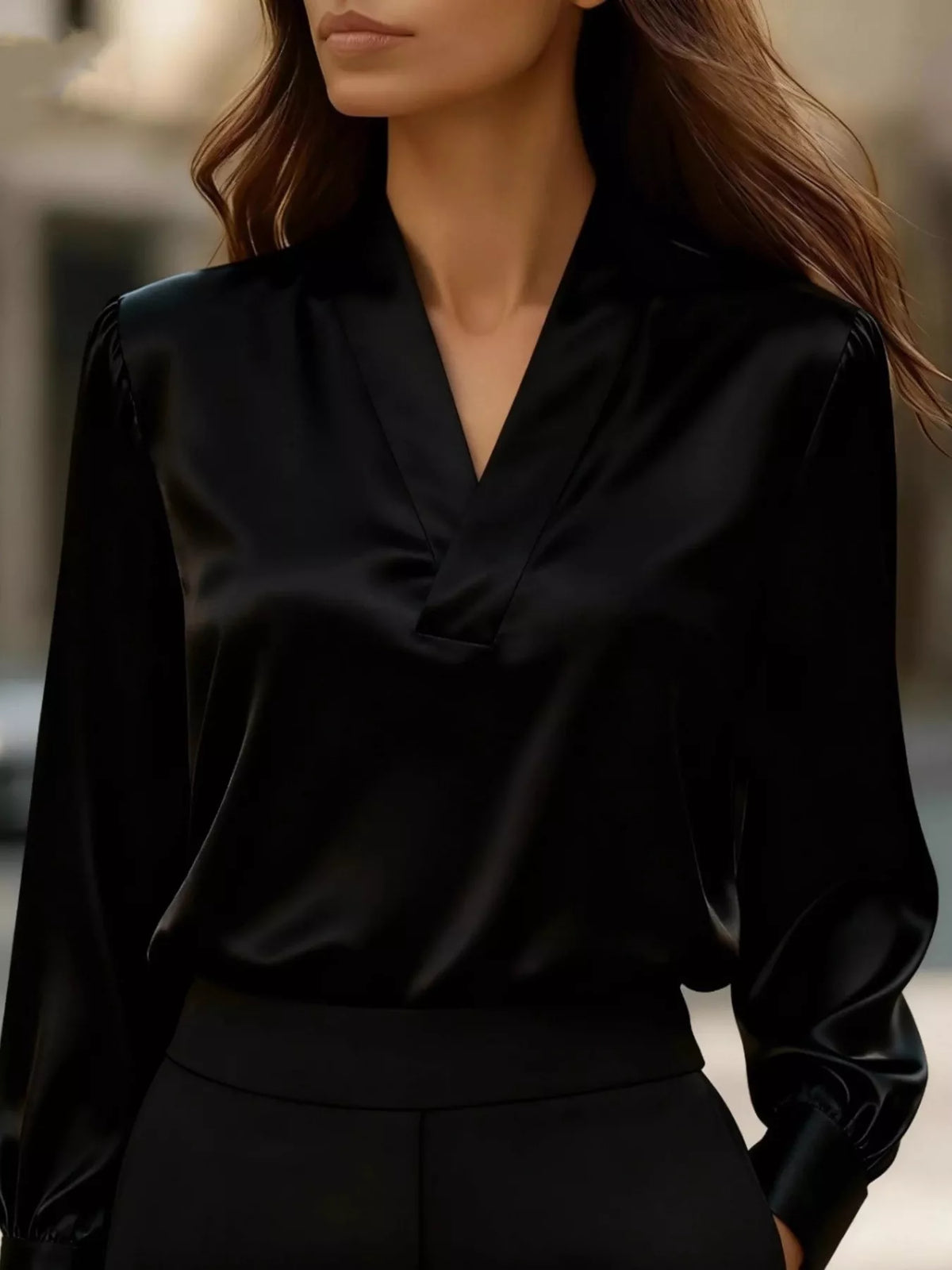 V-Neck Long Sleeve Satin Blouse - Black - View 1