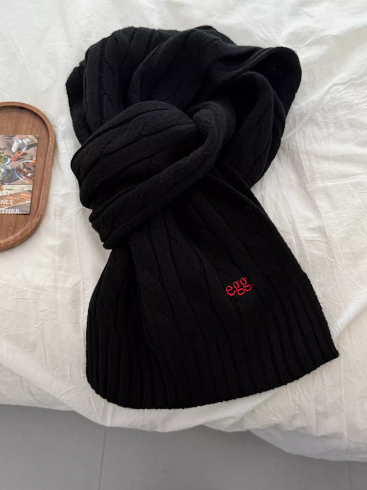 Ribbed Knitted Winter Scarf - Black - View 1