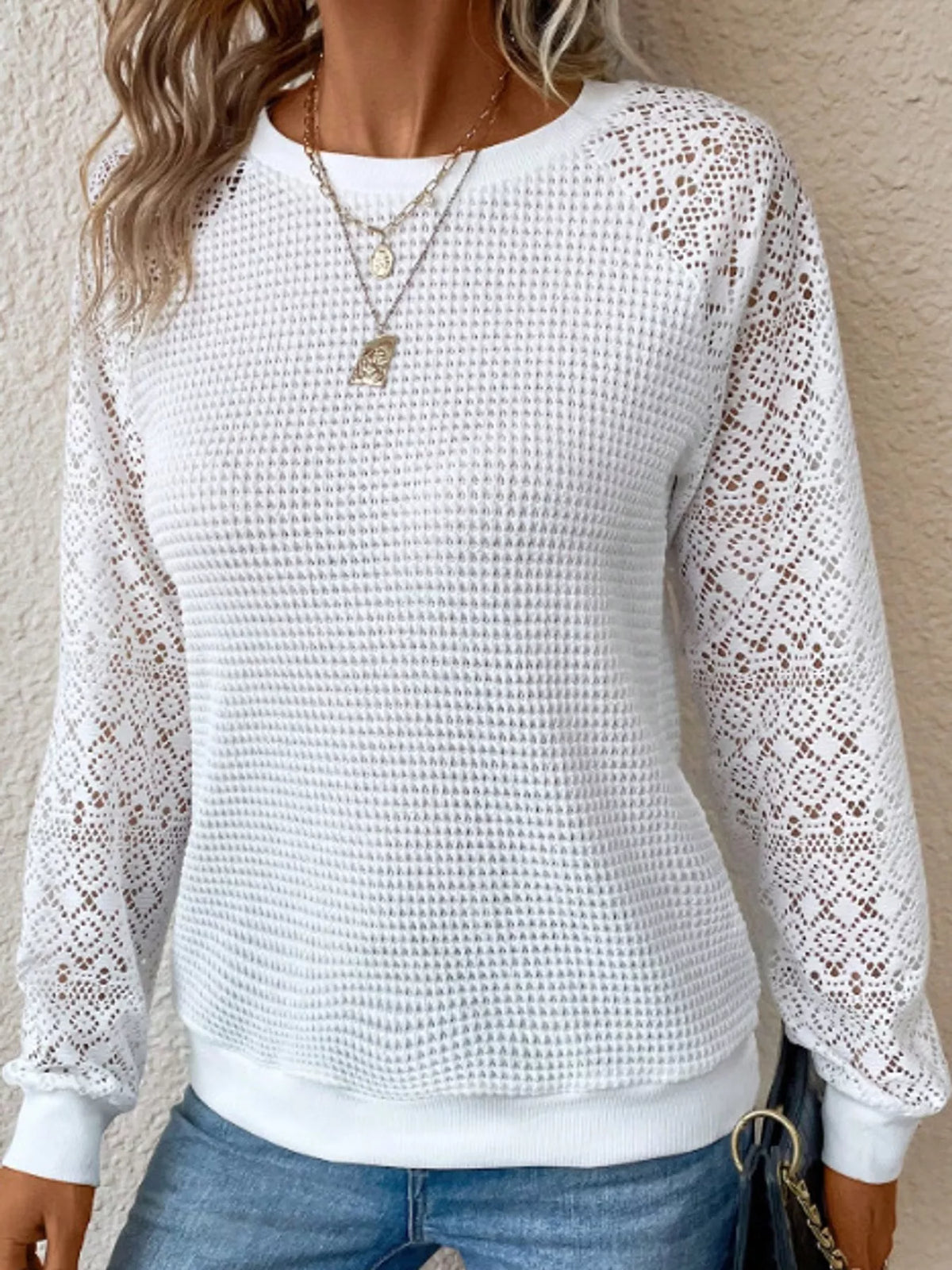 Waffle Knit Lace Sleeve T-Shirt - White - View 2