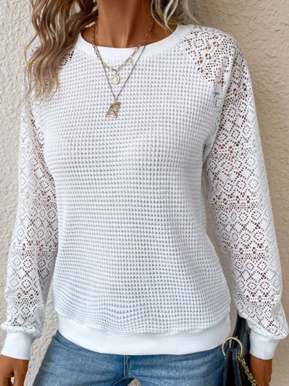 Waffle Knit Lace Sleeve T-Shirt - White - View 2