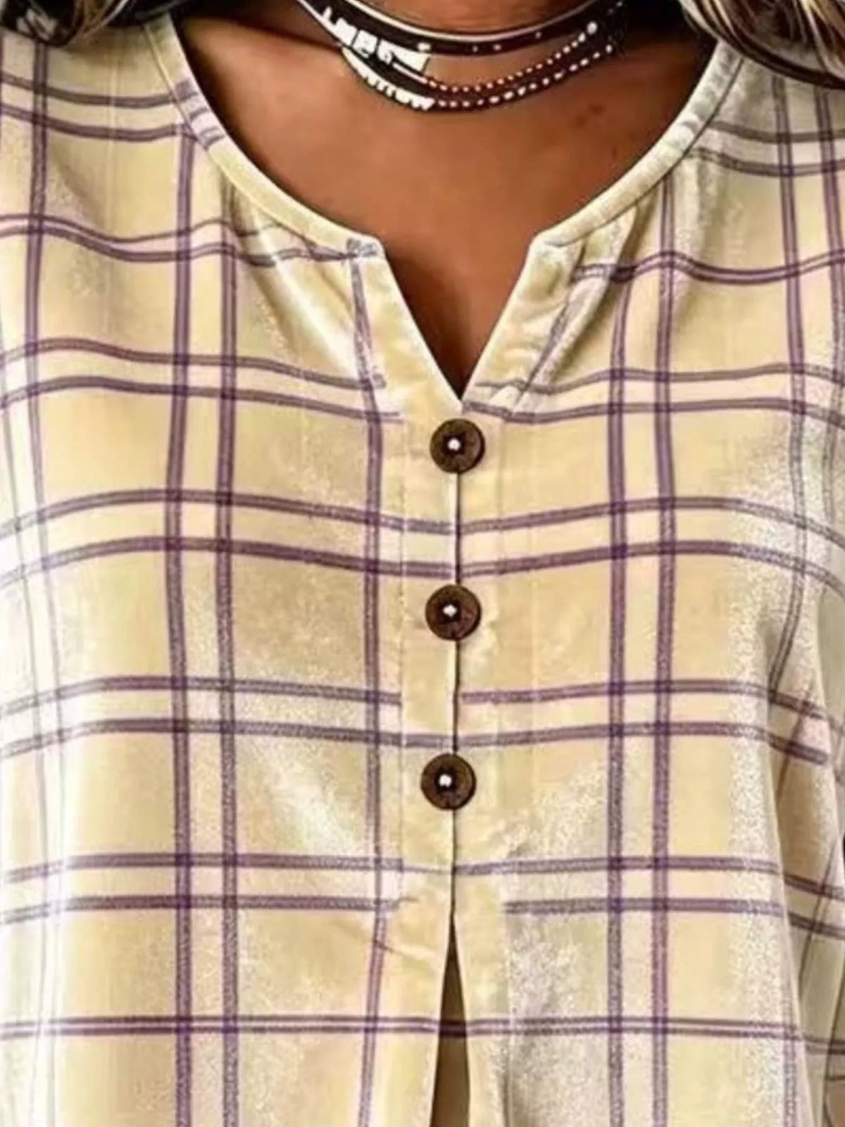 Full Size Plaid Velvet Flounce Sleeve Blouse Plus Size - Pastel Yellow - View 2