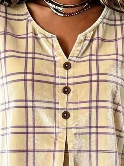 Full Size Plaid Velvet Flounce Sleeve Blouse Plus Size - Pastel Yellow - View 2