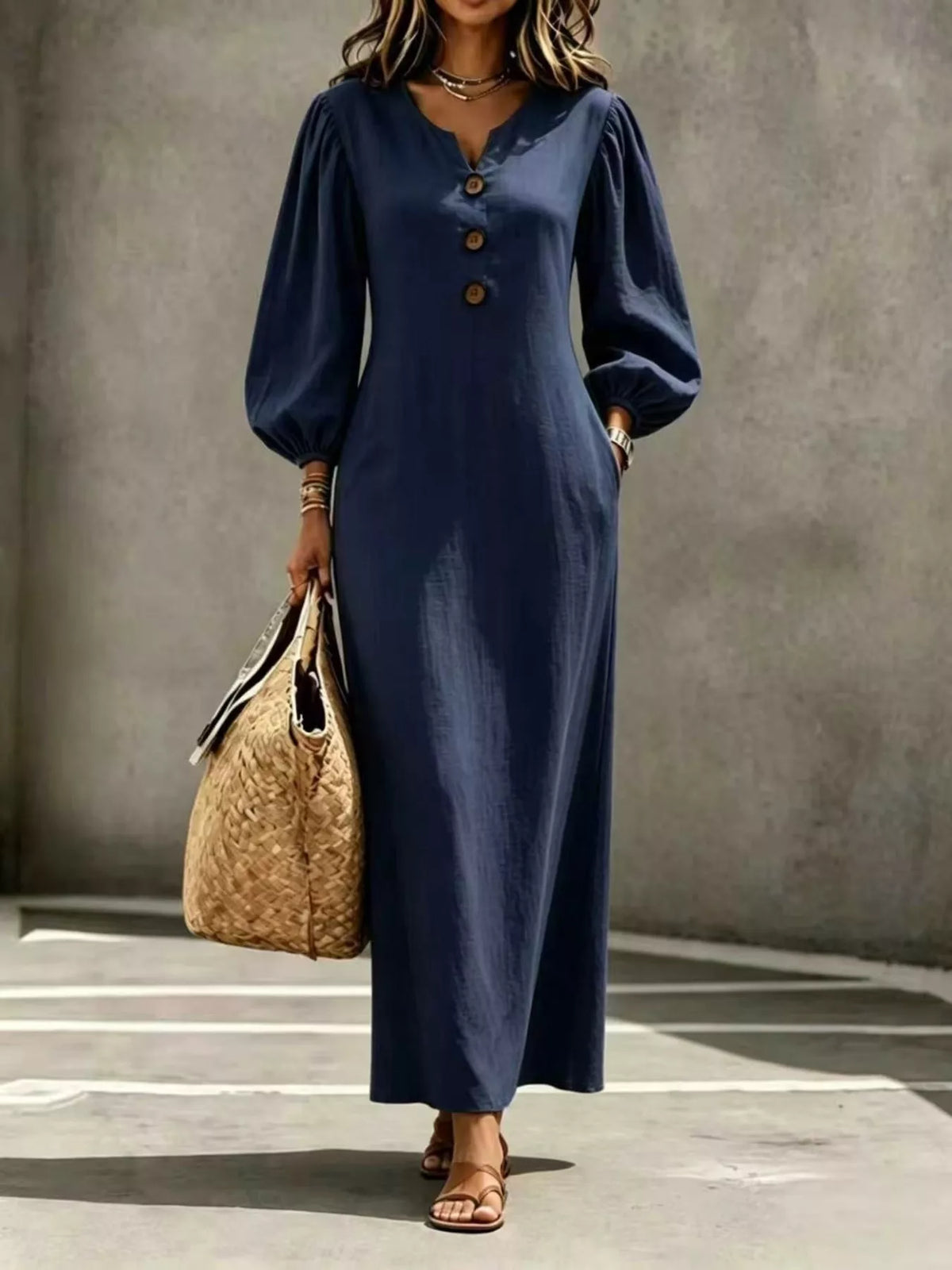 Decorative Button Balloon Sleeve Maxi Dress - Navy - View 1