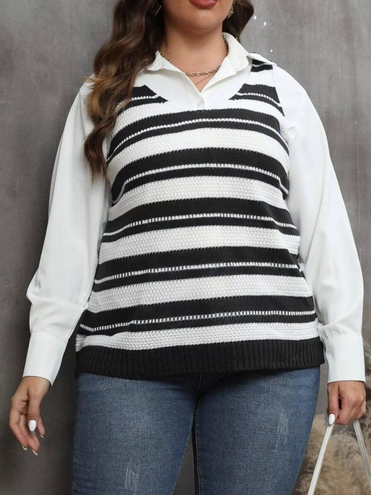 Plus Size Striped V-Neck Knit Sweater Vest - Wine Red - View 4