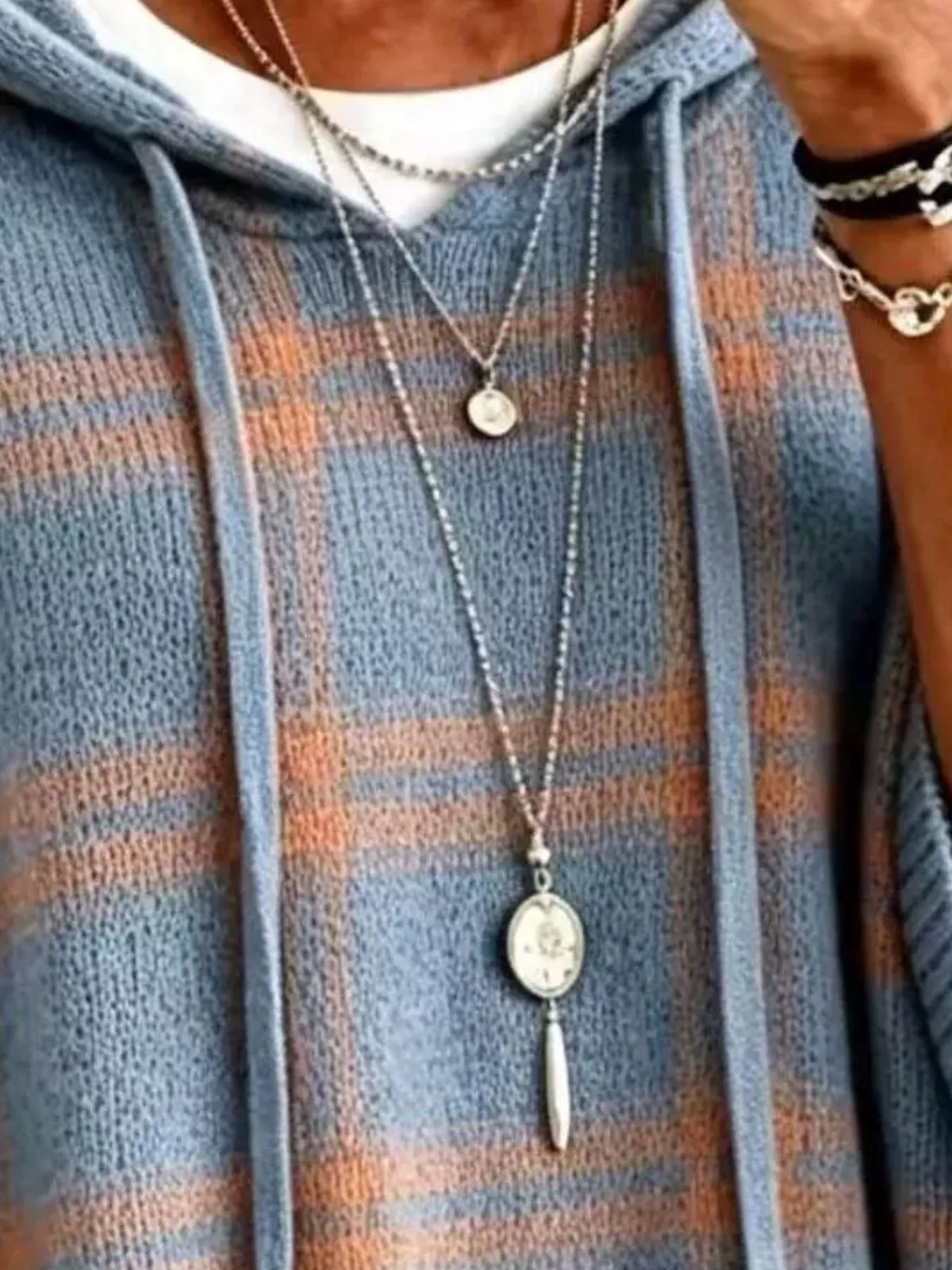 Full Size Drawstring Plaid Hooded Sweater Plus Size - Blue - View 2