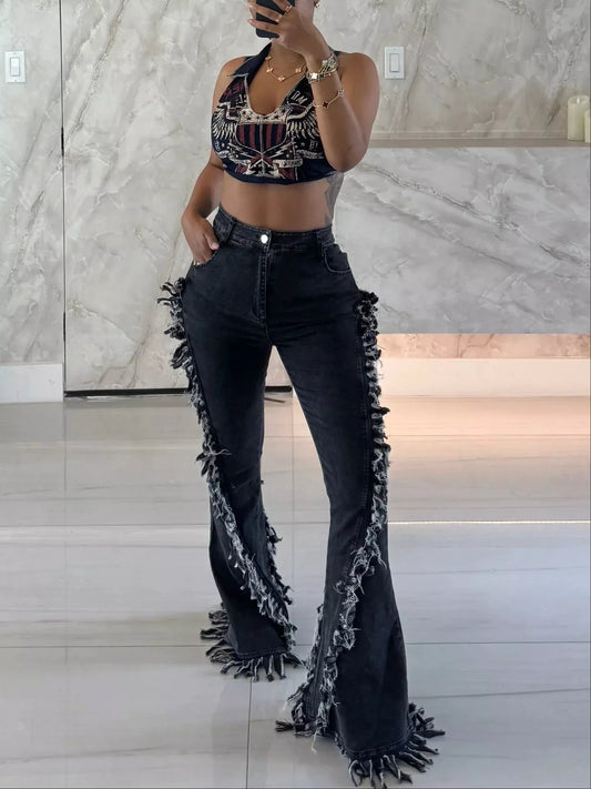 Frayed Trim High Waist Flare Jeans - product photo 1