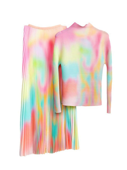 LANMREM Gradient Printing Pleated 2 Pieces Set For Women Round Neck Neck Long Sleeves Tops High Waist Fold Skirts  2YA3490