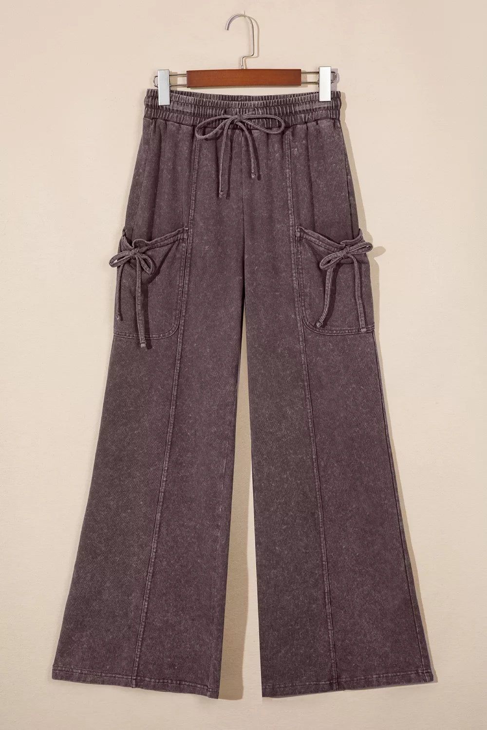 Mineral Wash Elastic Waist Drawstring Tie Detail Cargo Pants - Dark Brown - View 3