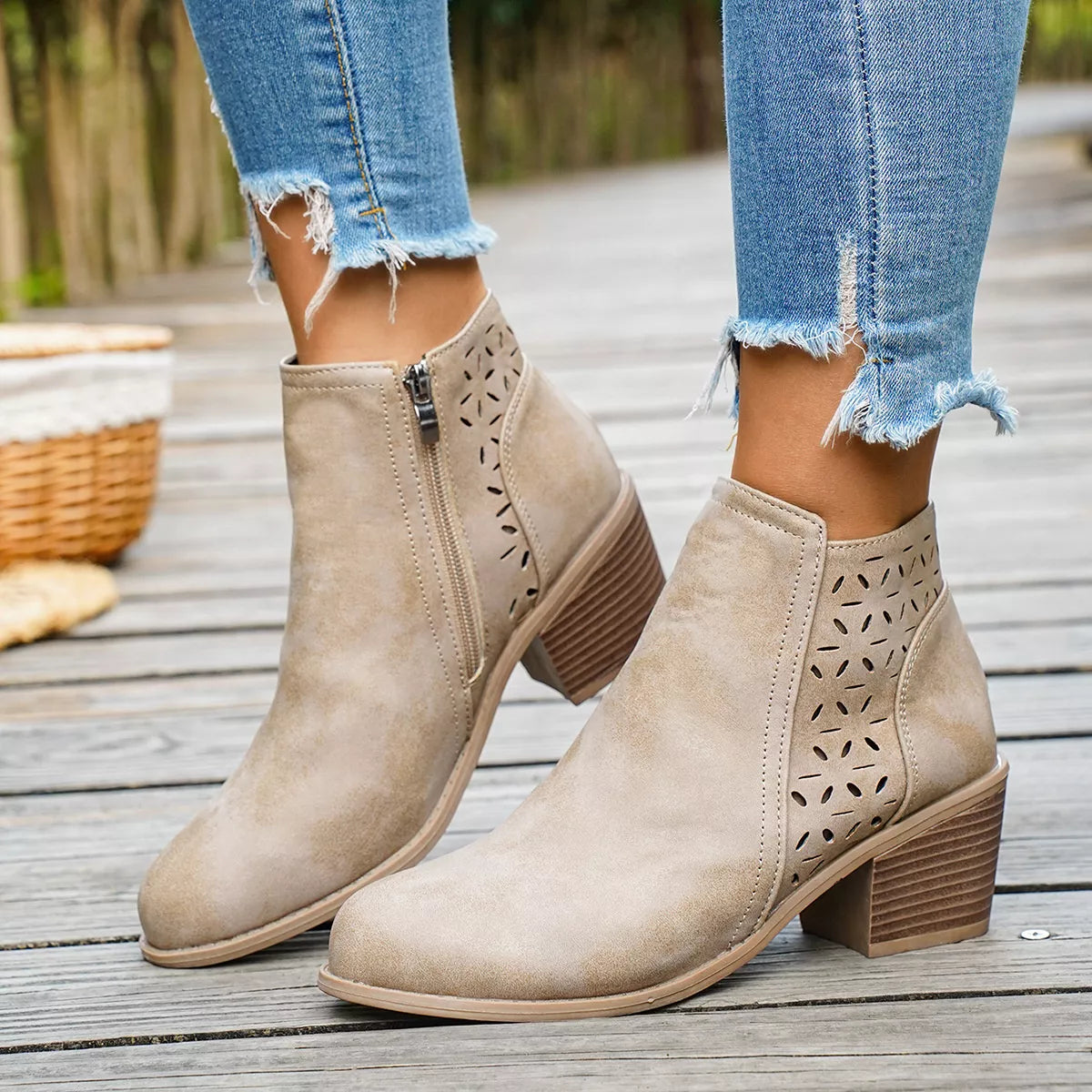 Round Toe Block Heels Boots - Apricot - View 6