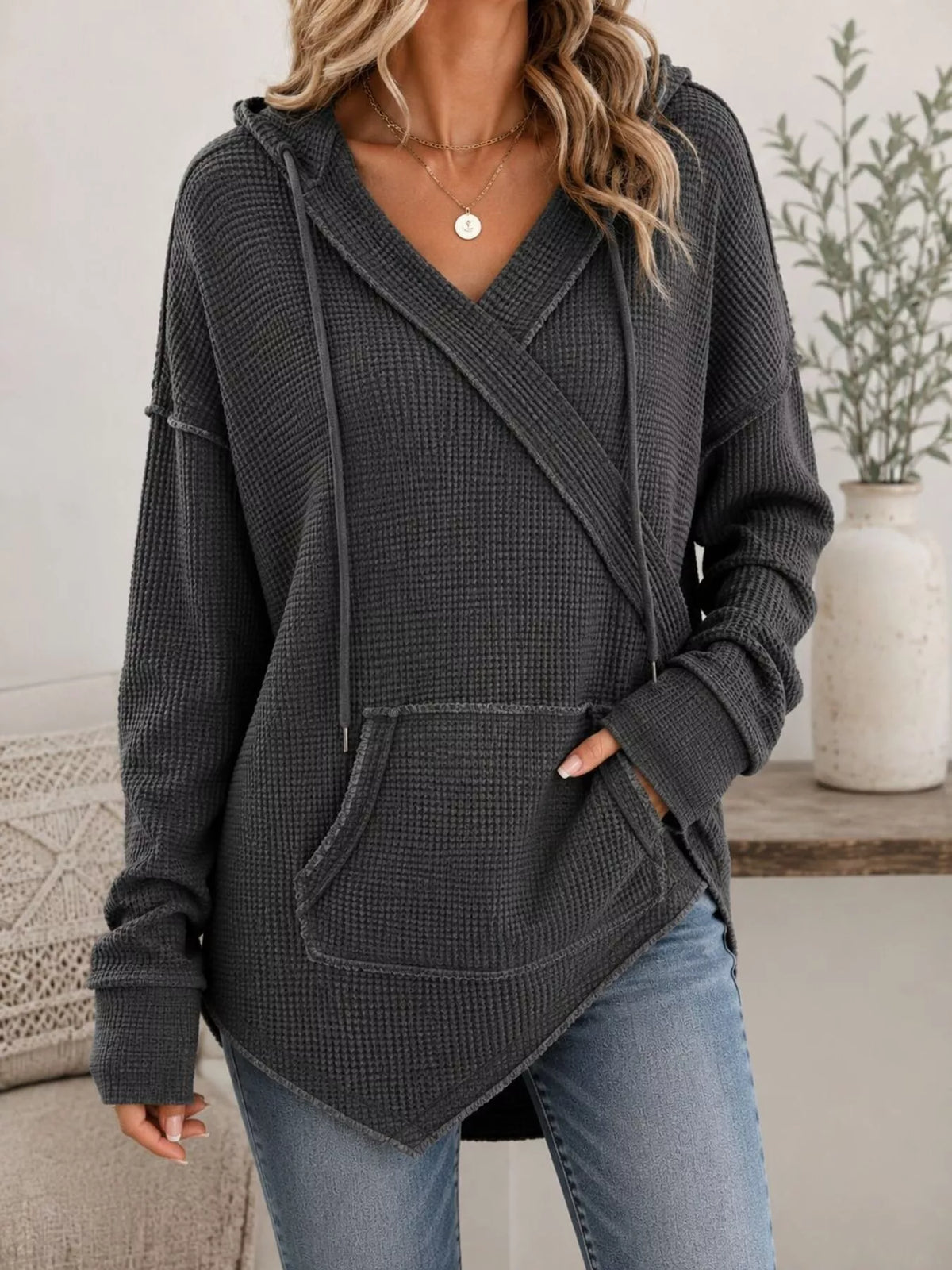 Drawstring Waffle Knit Hoodie - Dark Gray - View 1