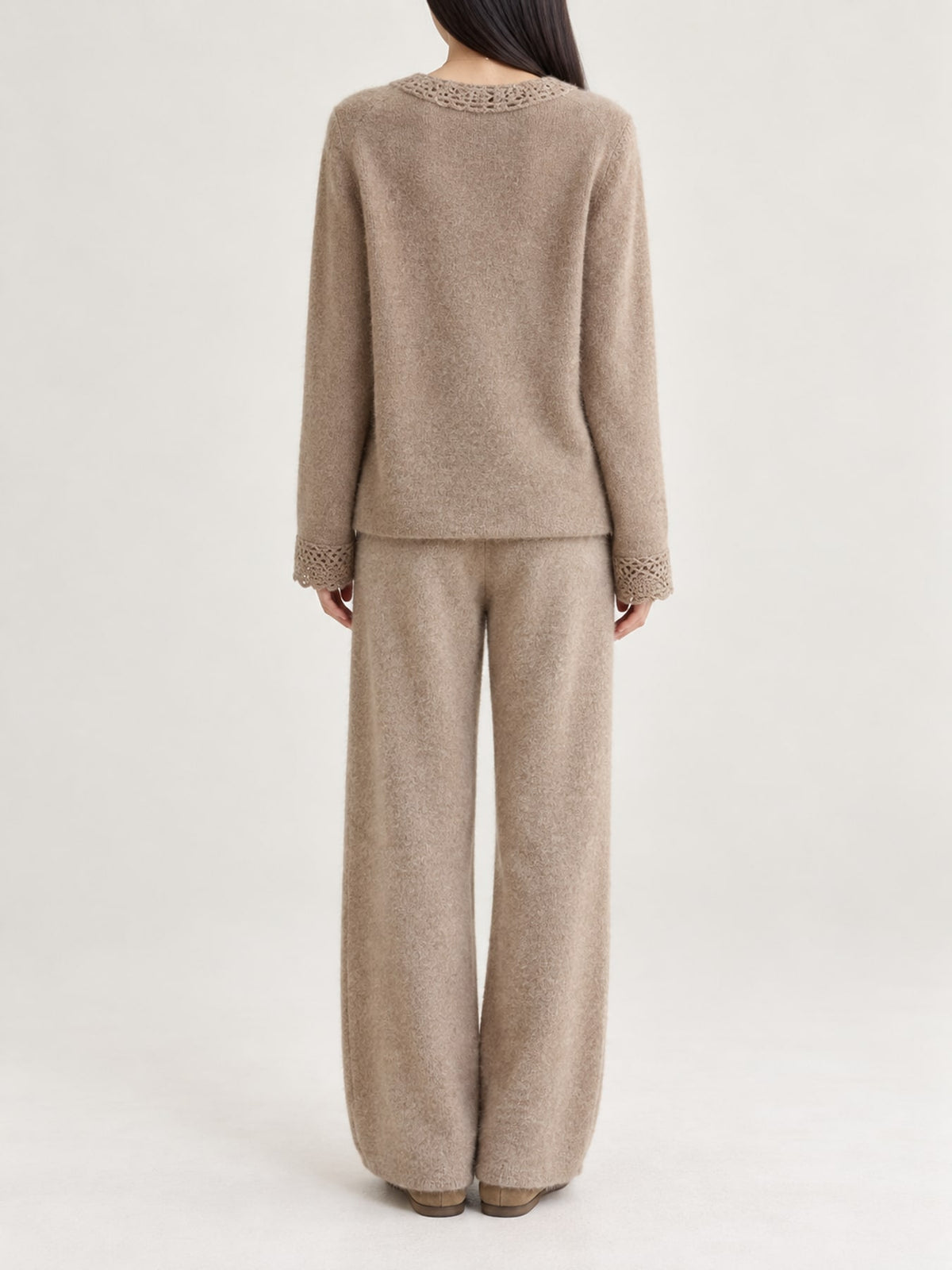 Lace-Collar Button Down Knit Cardigan - Camel - View 12
