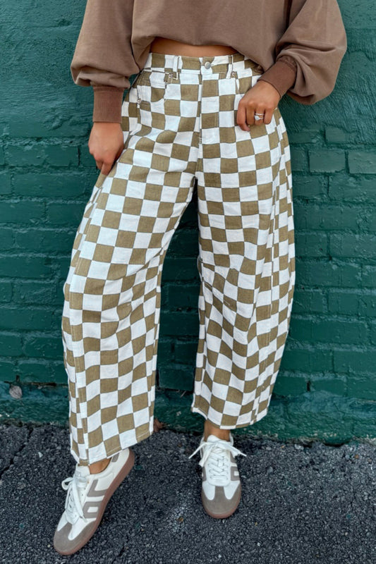 White Checkered Print Denim Barrel Pants - White - 2