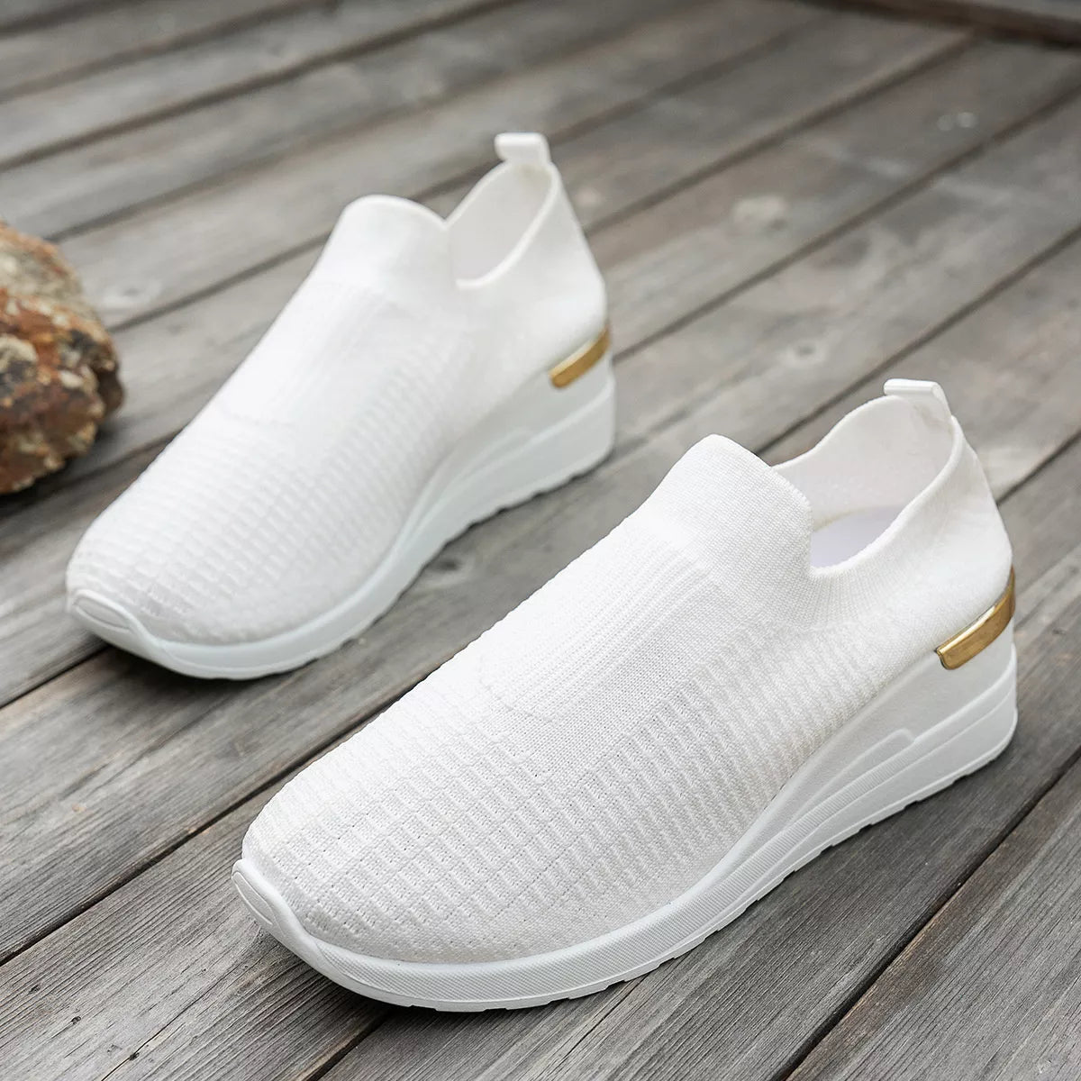 Mesh Round Toe Wedge Athletic Sneakers - White - View 13