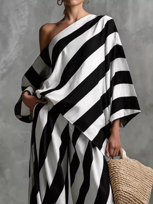 Full Size One-Shoulder Striped Top and Wide-Leg Pants Set Plus Size - product photo 2
