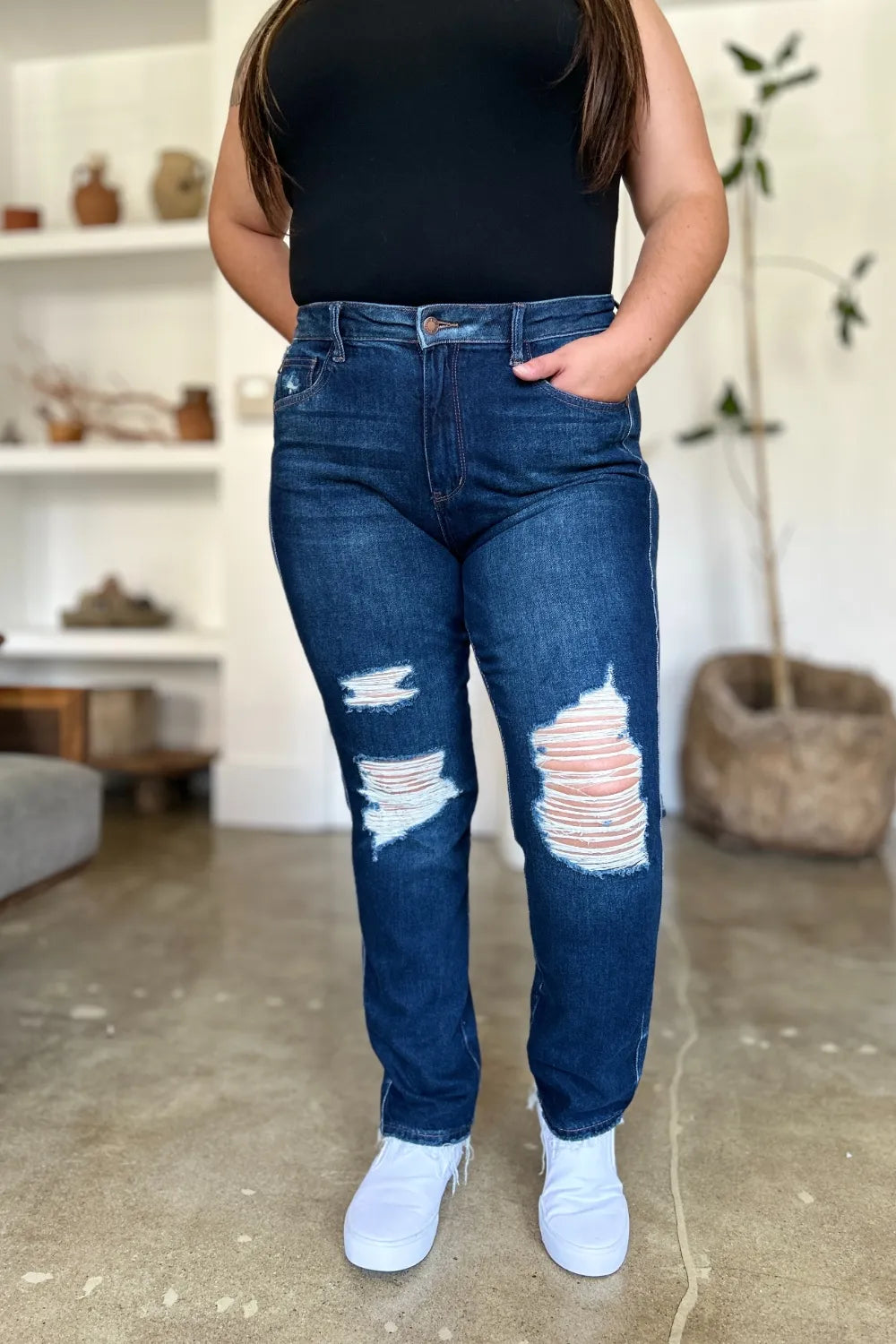 Judy Blue Full Size High Waist Rigid Magic Heavy Destroy Straight Jeans - Dark - View 1