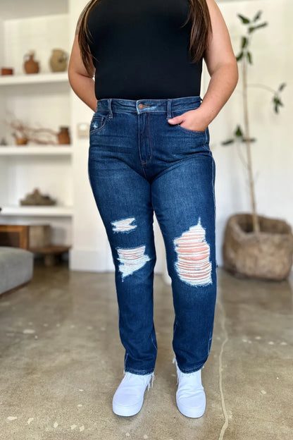 Judy Blue Full Size High Waist Rigid Magic Heavy Destroy Straight Jeans - Dark - View 1