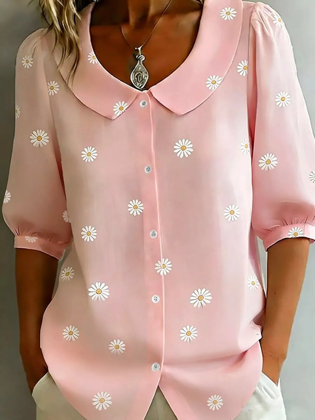Daisy Print Peter Pan Collar Button-Down Shirt - Blush Pink - View 1
