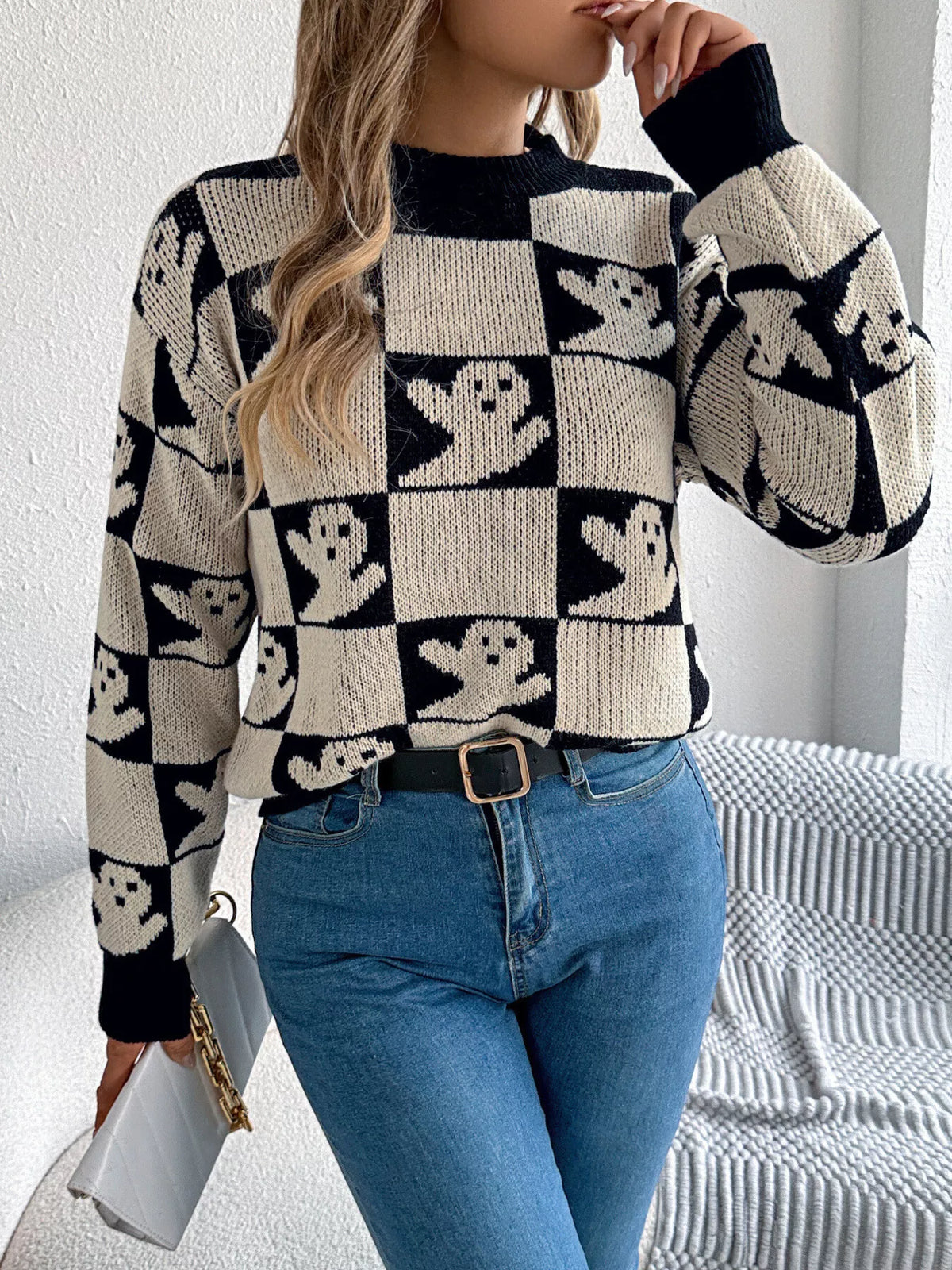 Checkerboard Halloween Graphic Sweater - Beige - View 2