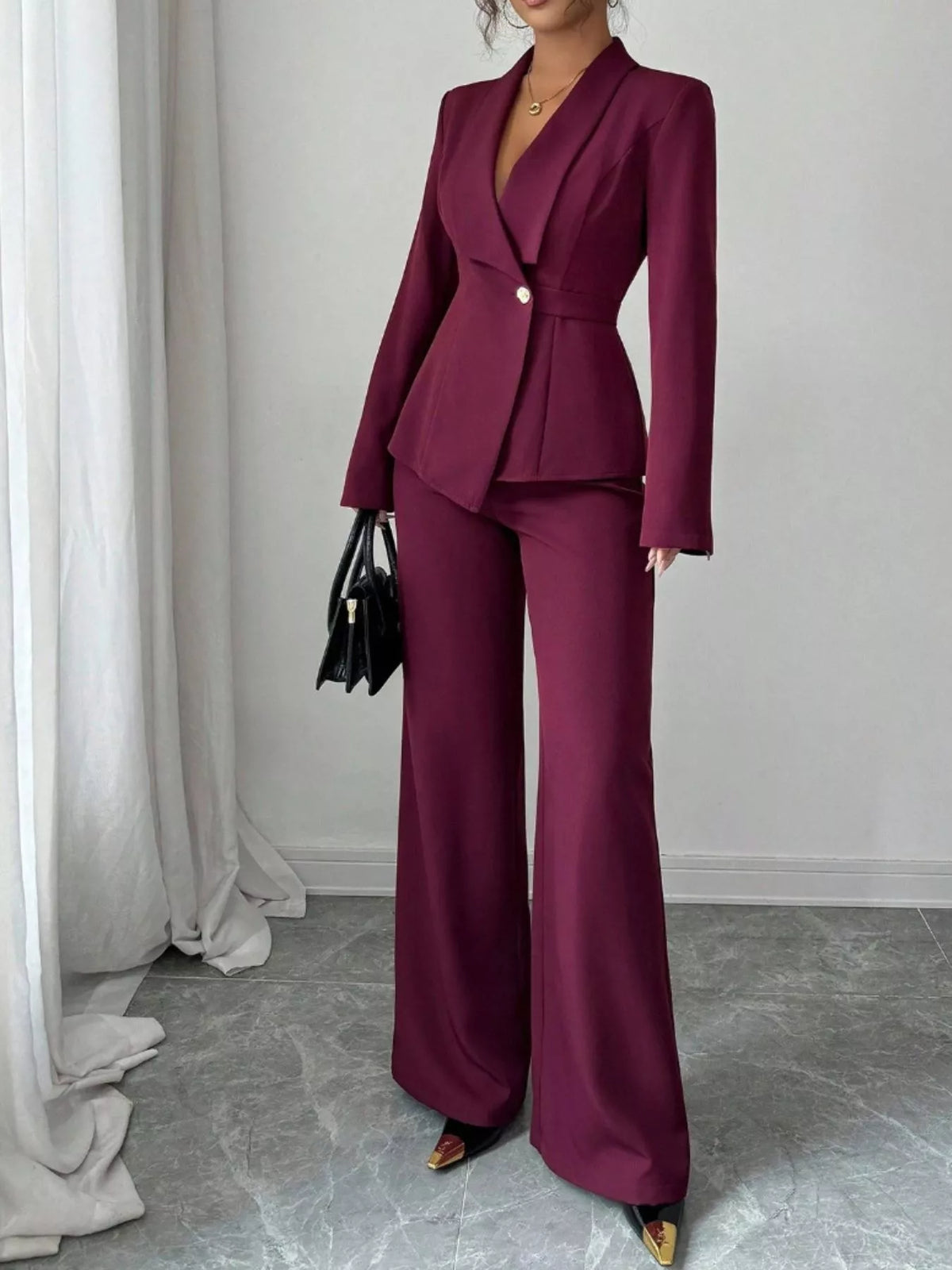One Button Blazer and Pants Set - Burgundy - View 27