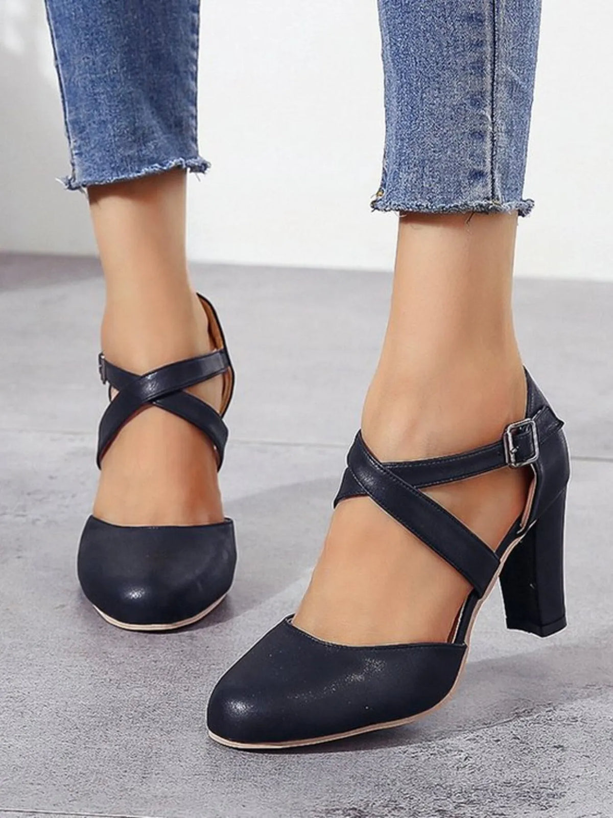 Cross-Strap Block Heel Pumps - Black - View 2