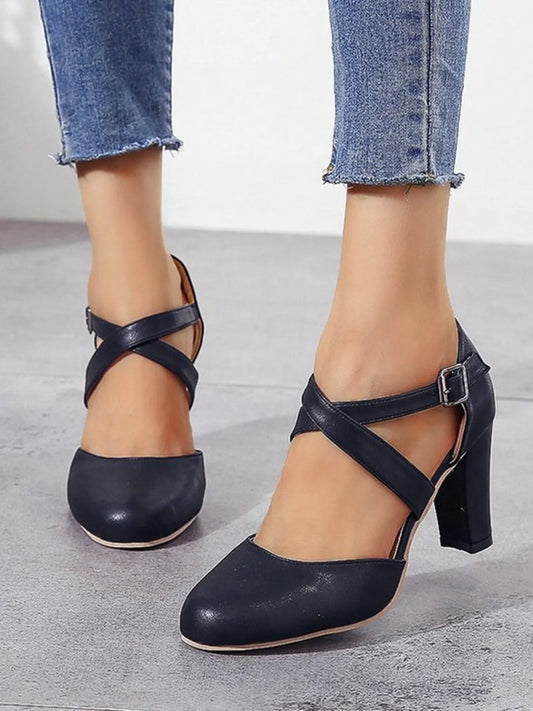 Cross-Strap Block Heel Pumps - Black - View 2