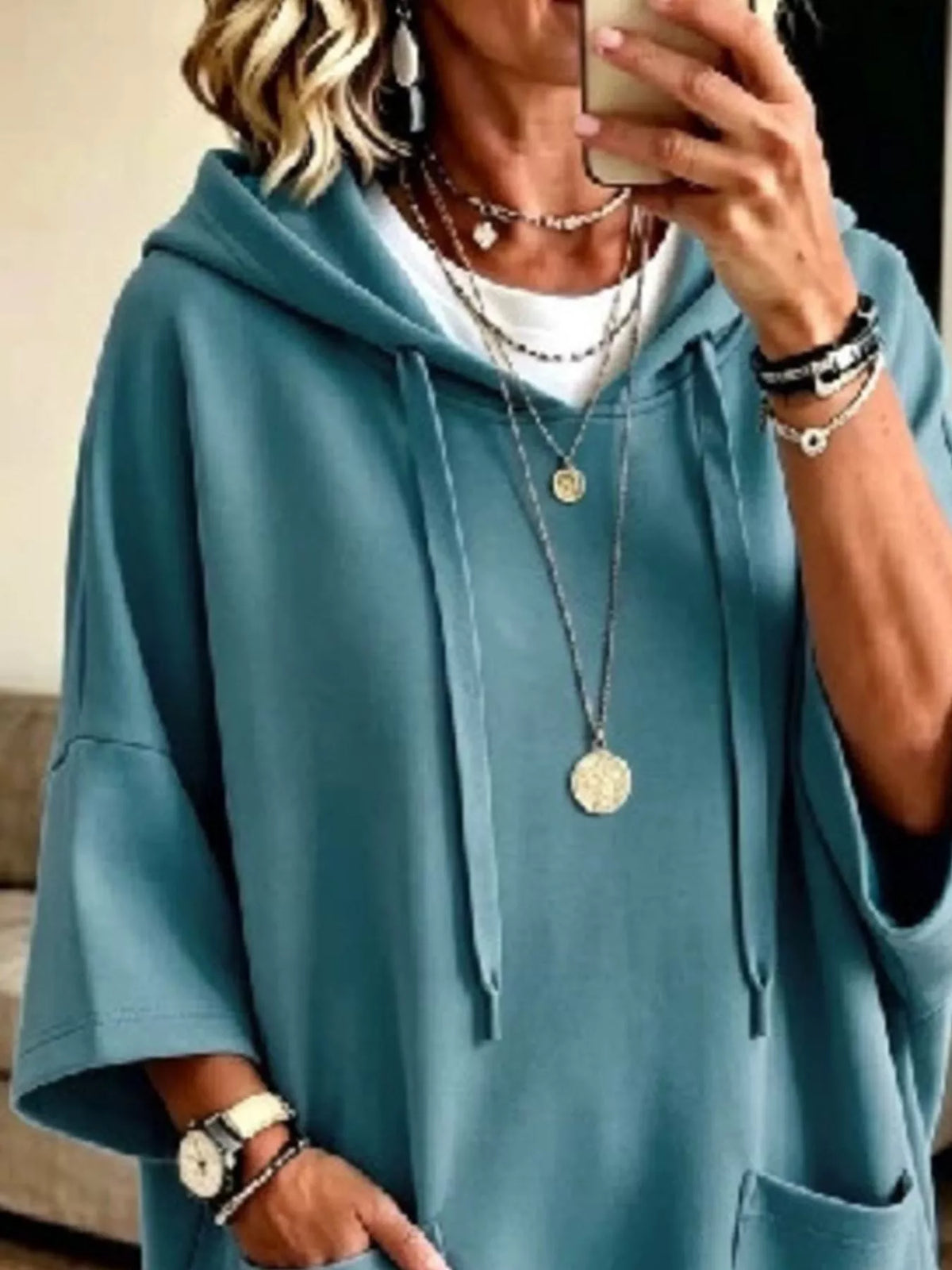 Full Size Drawstring Oversized Front Pockets Oversized Hoodie Plus Size - Turquoise - View 3