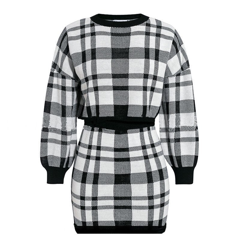 Women's Tracksuit Elegant Office Two Piece Set Plaid Sweater Outfit Long Sleeve Crop Top And Skirt Sets Sexy Fashion Dress Set