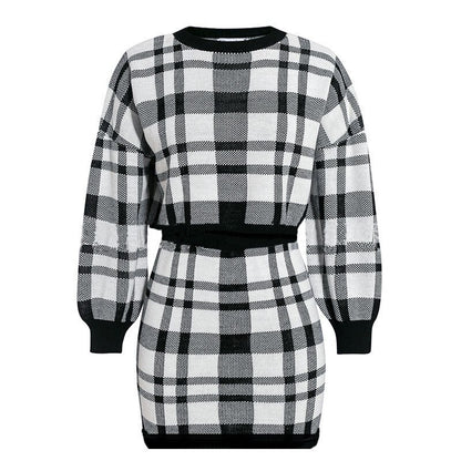 Women's Tracksuit Elegant Office Two Piece Set Plaid Sweater Outfit Long Sleeve Crop Top And Skirt Sets Sexy Fashion Dress Set