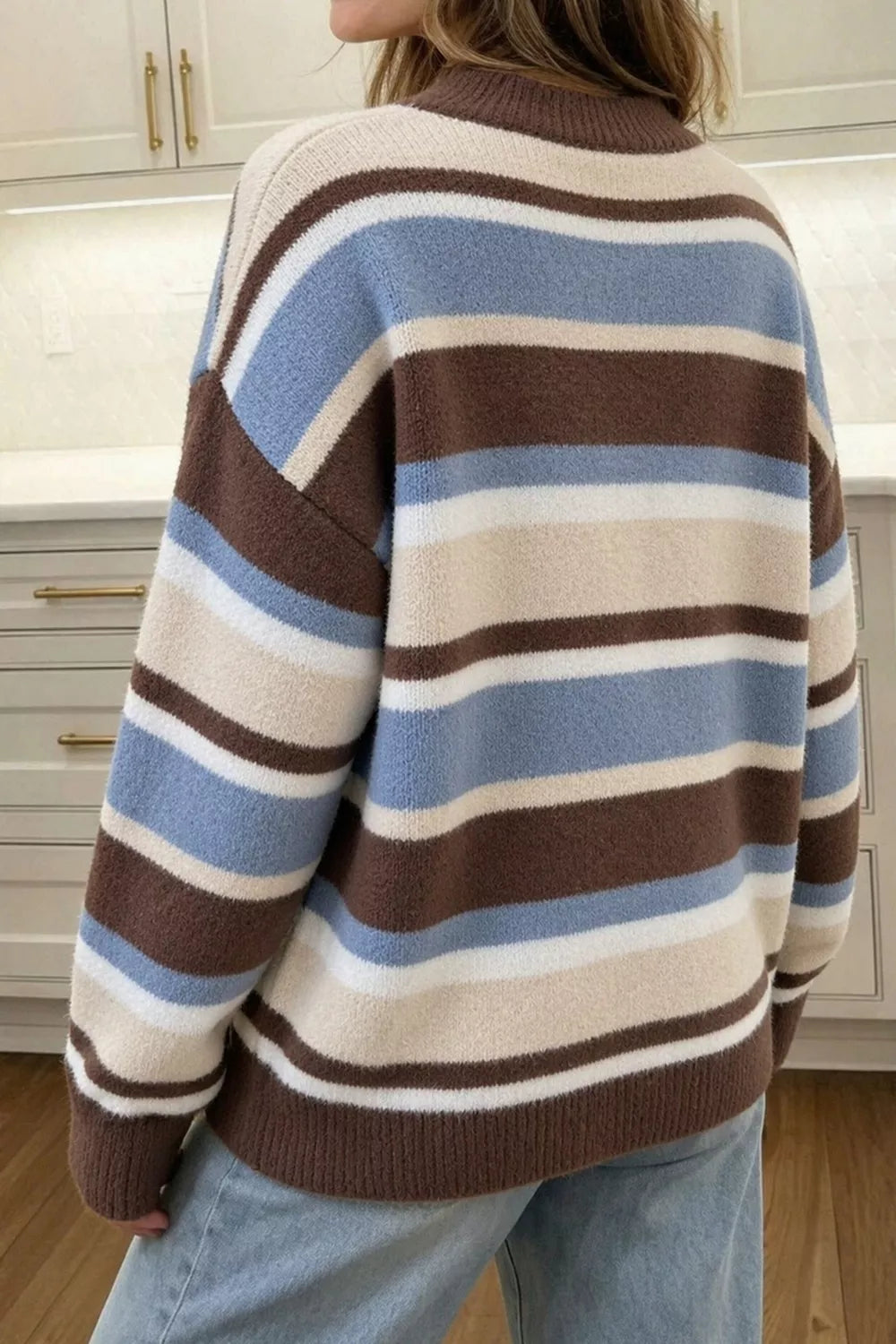 Striped Dropped Shoulder Sweater - Dark Brown - View 2