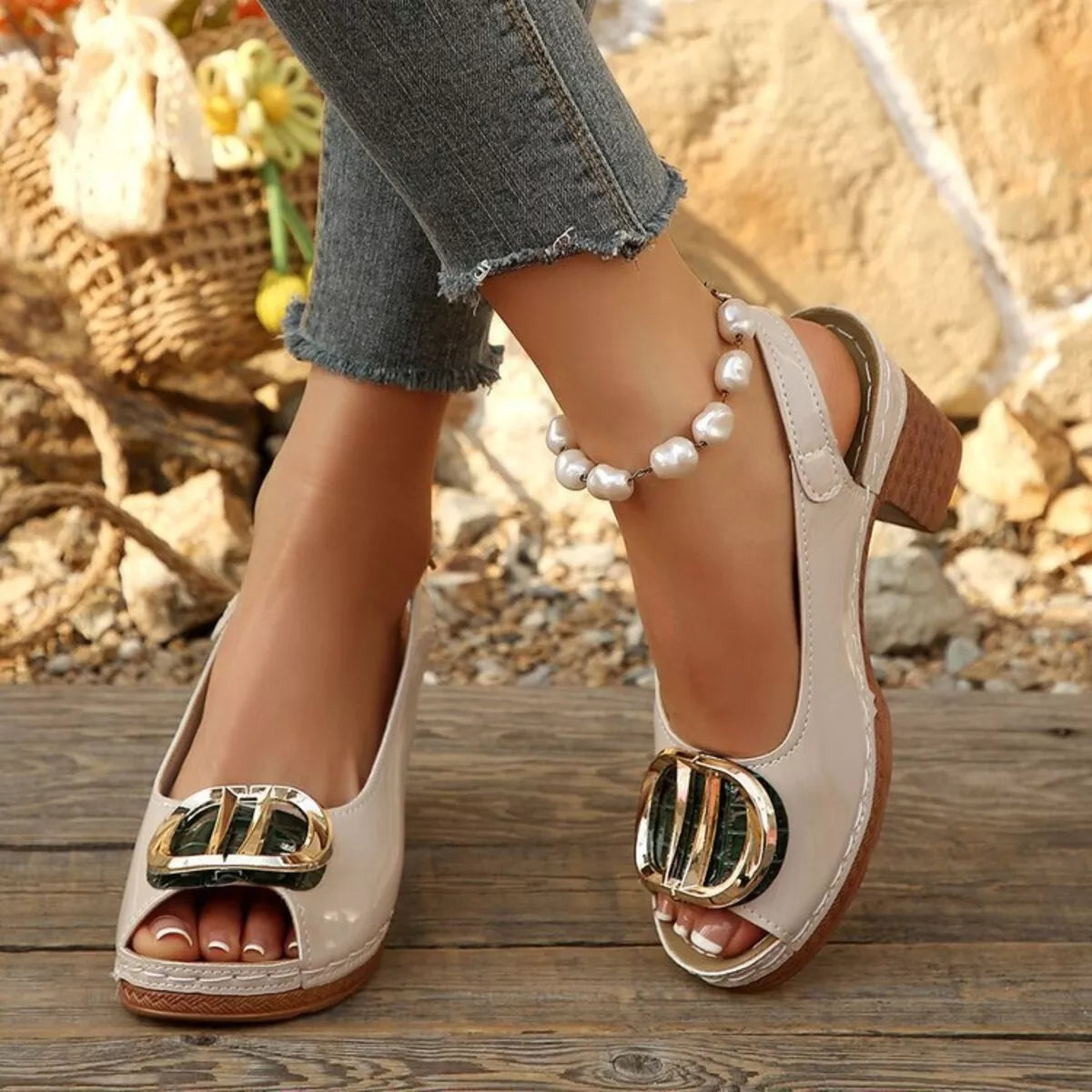Peep Toe Block Heels Sandals - Beige - View 12
