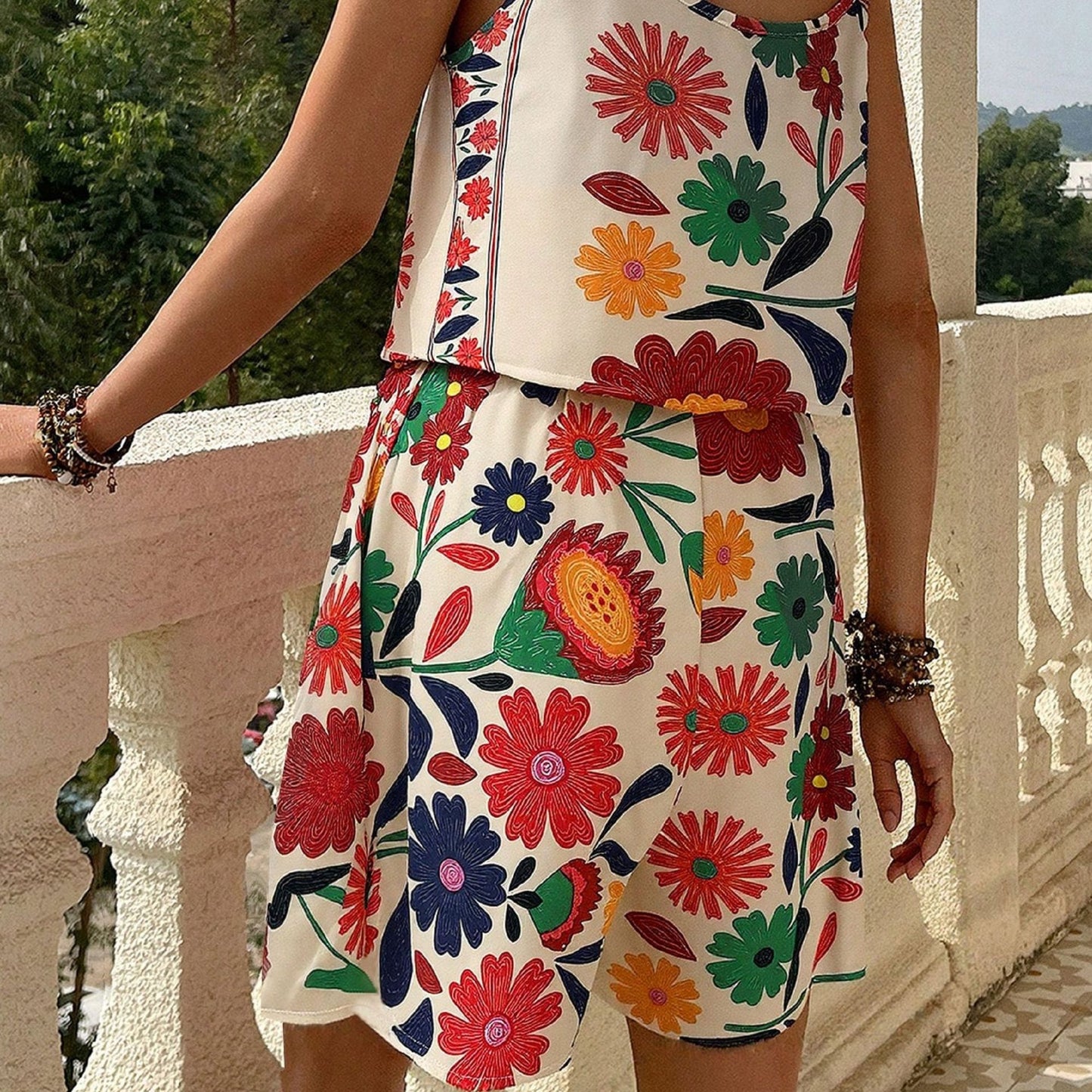 Printed sleeveless women's jumpsuit skirt