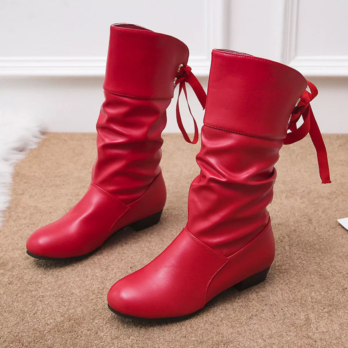 Round Toe Block Heels Boots - Red - View 8