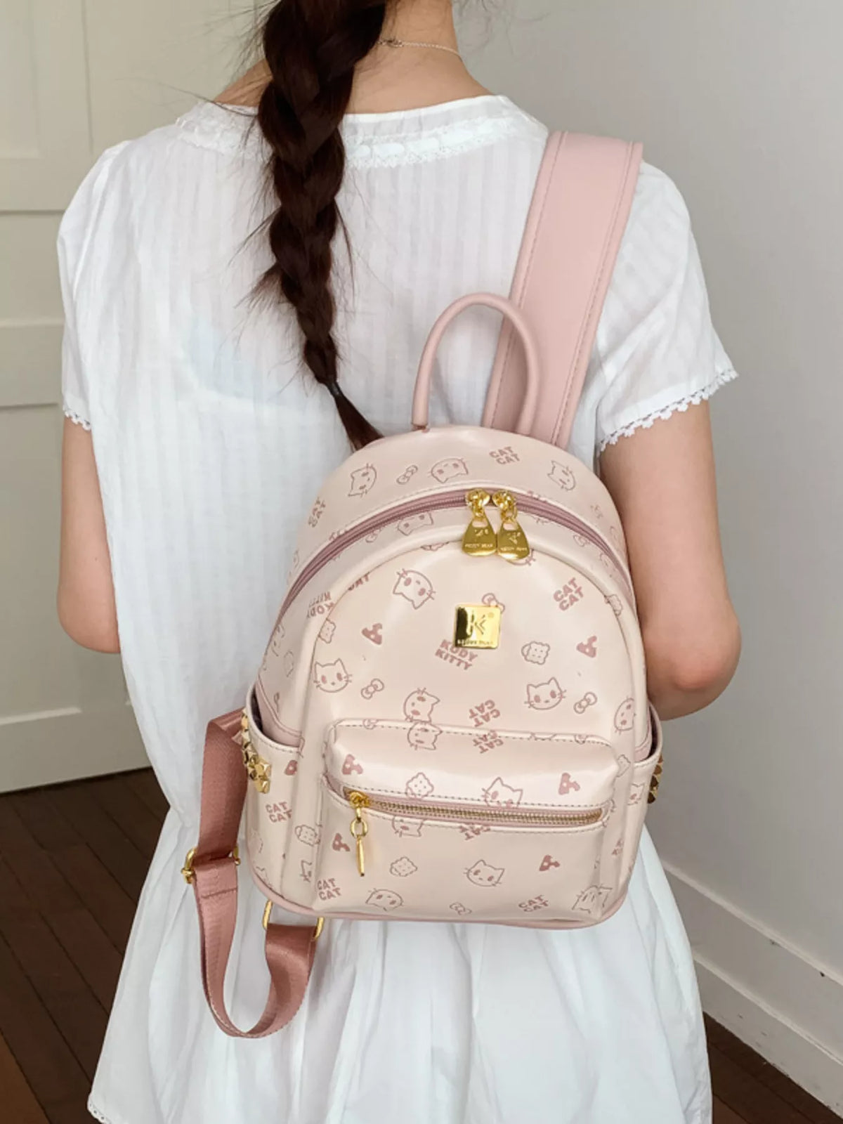 Cartoon Pattern Backpack Bag with Bear Pendant - Blush Pink - View 2
