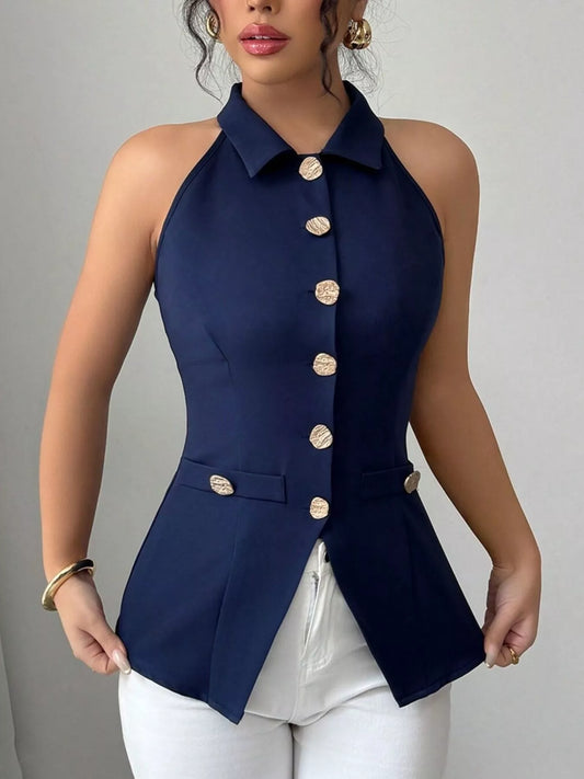 Sleeveless Lapel Collar Button-Down Vest - Dark Blue - View 2