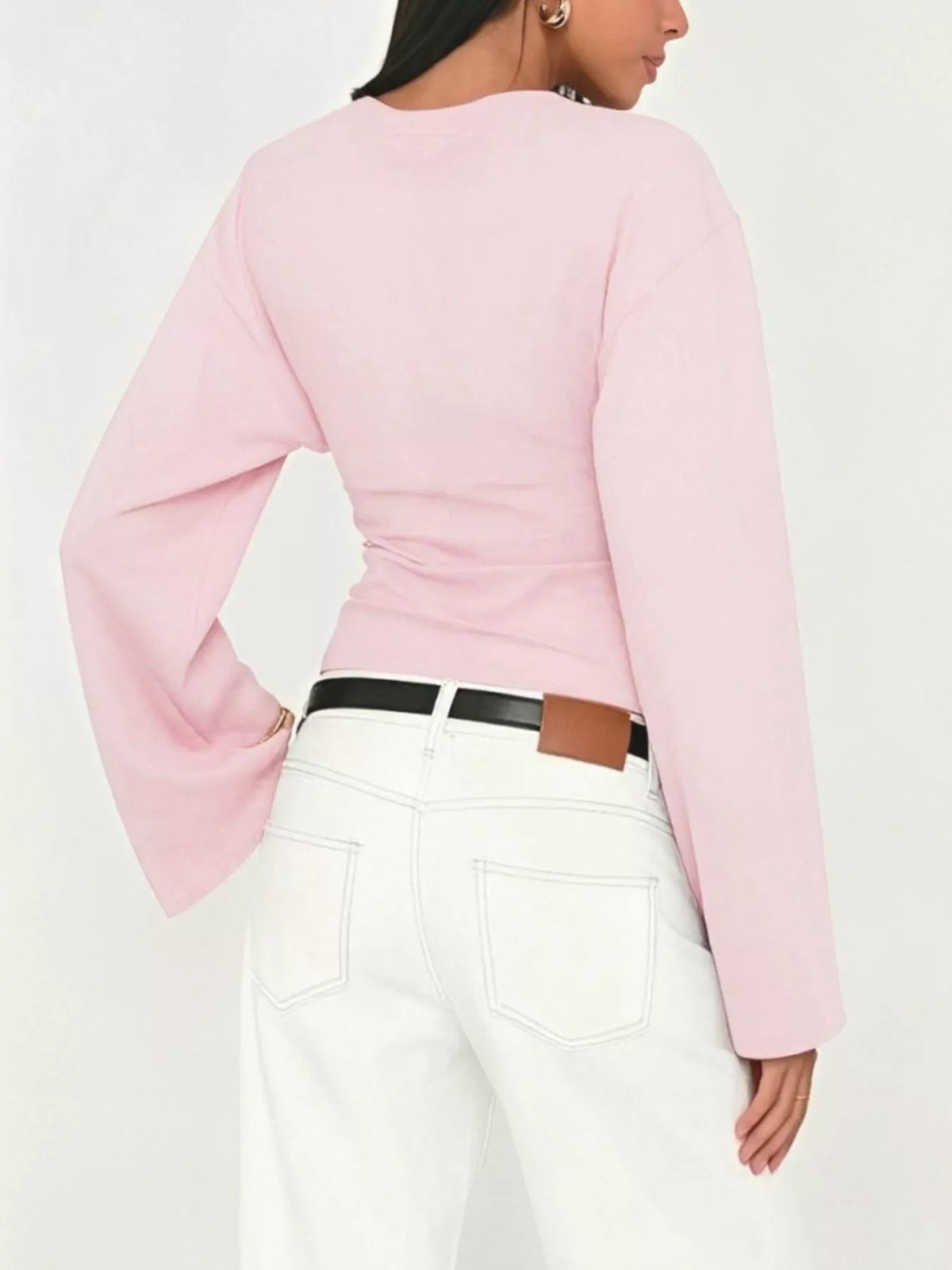 V-Neck Flare Sleeve Blouse - Pink - View 4