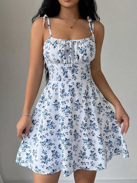 Floral Print Spaghetti Strap A-Line Mini Dress - White - View 2